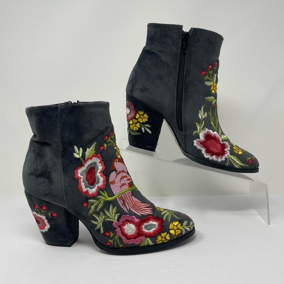 Rebels Boots Womens 36 5.5-6 Histaria Grey Velvet Bird Embroidered Ankle Booties - Picture 4 of 8